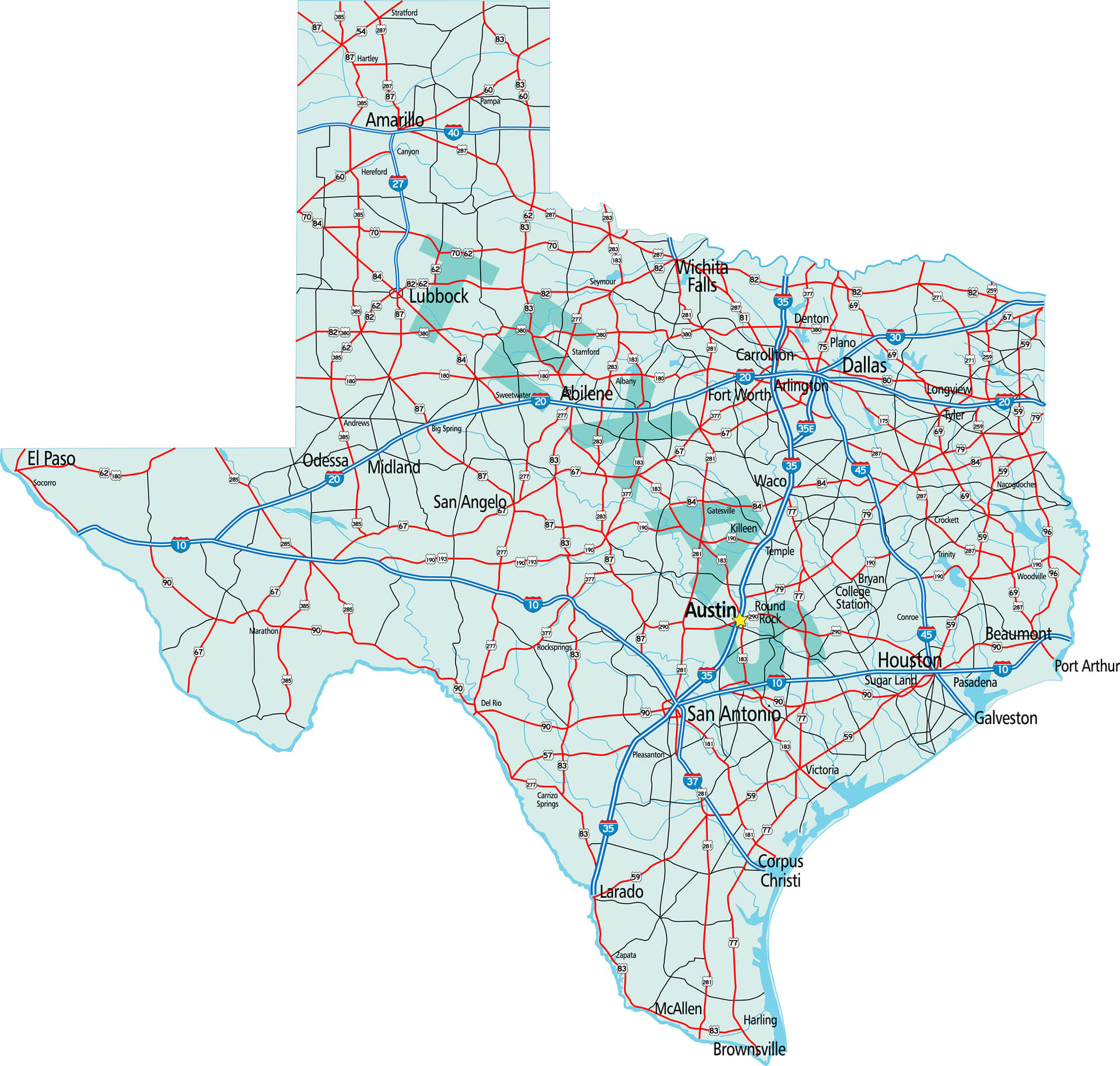 Texas State Interstate and US Highway Map